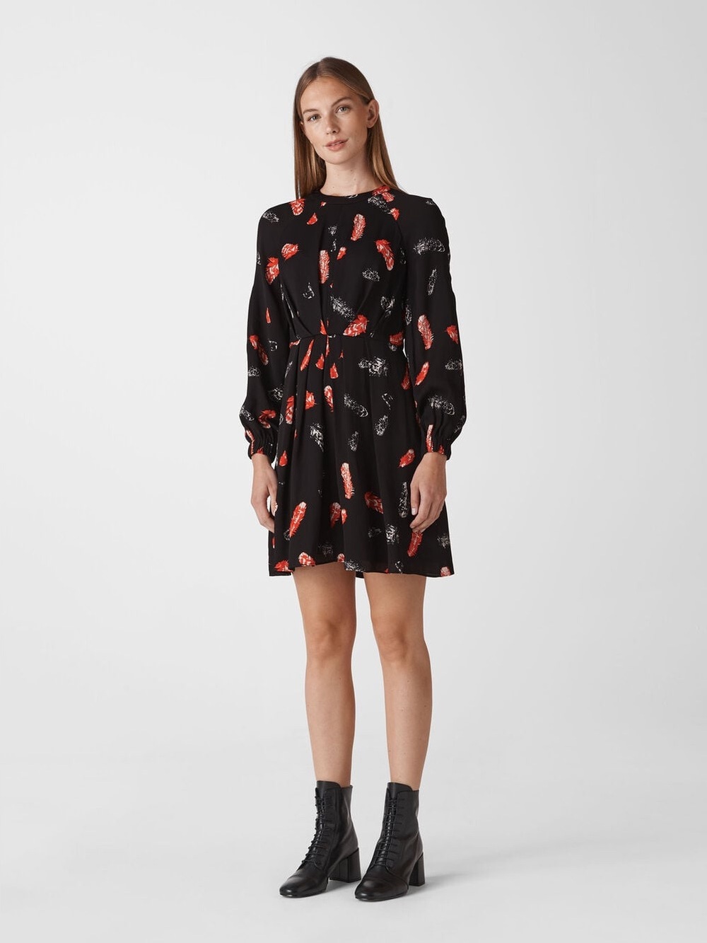 Whistles Jasmine Feather Print Long Sleeve Dress Size 2